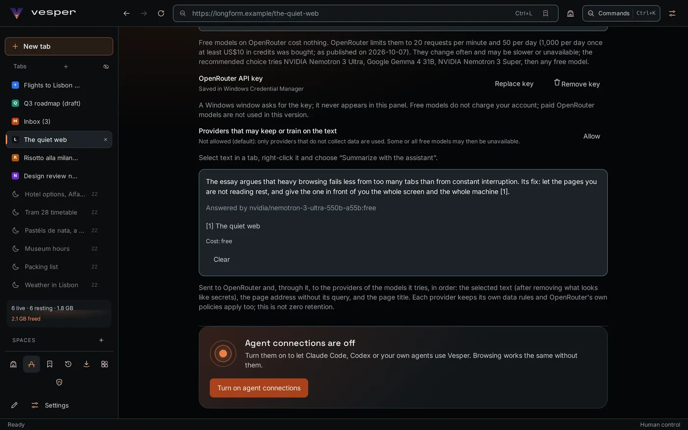 The assistant panel: a two-sentence summary of the essay with a numbered source, the model that answered, and the line Cost: free. Above it, the OpenRouter key saved in Windows Credential Manager and data collection not allowed.