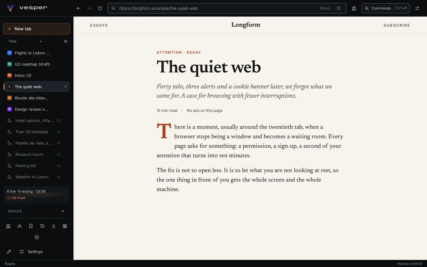 Vesper window: six open tabs and six resting tabs in the side list, a long-form essay in the page, and a meter reading 6 live, 6 resting, 1.8 GB, 2.1 GB freed.