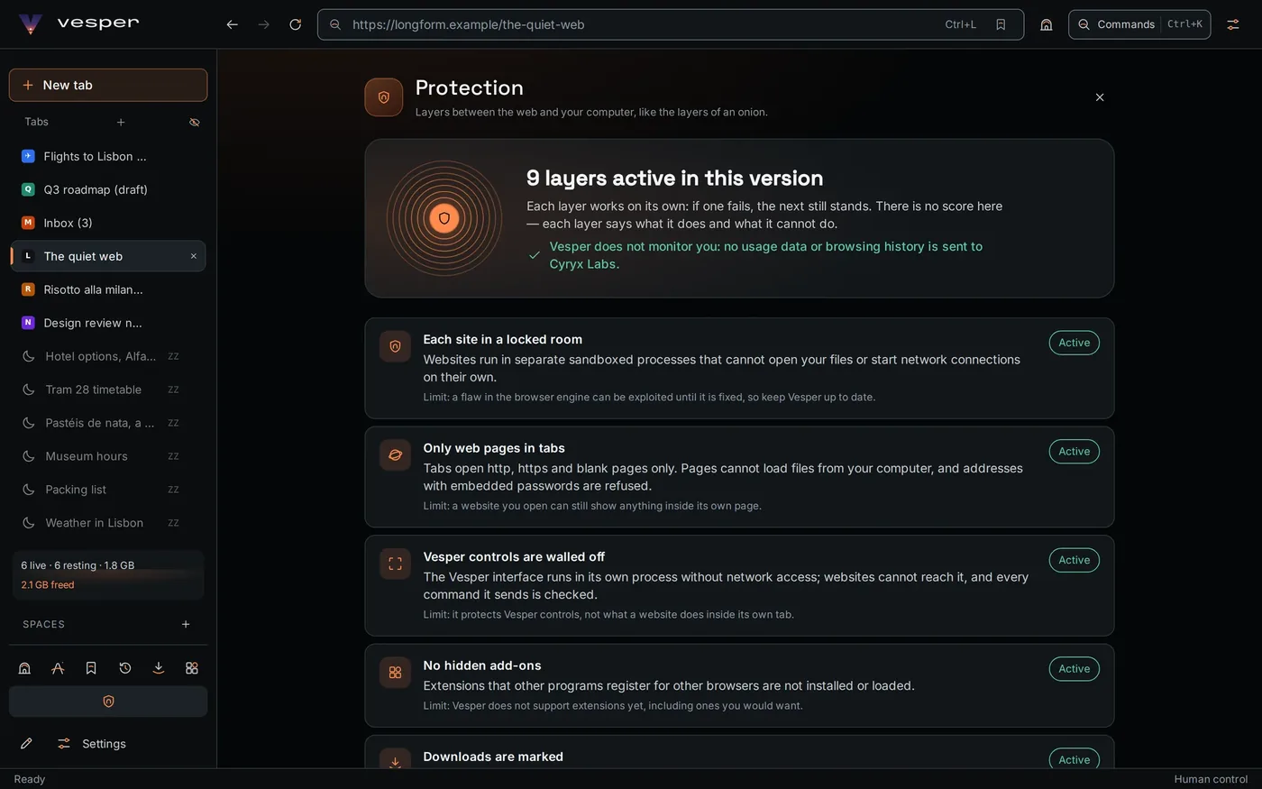 The Protection panel: nine layers active, each with what it does and its limit, and a line saying no usage data or browsing history is sent to Cyryx Labs.